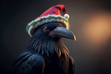portrait a raven with santa hat, illustration generated by AI - obrazy, fototapety, plakaty