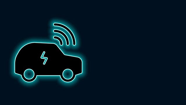 Glowing neon line Smart car system with wireless connection icon isolated on black background. Remote car control. 4K Video motion graphic animation