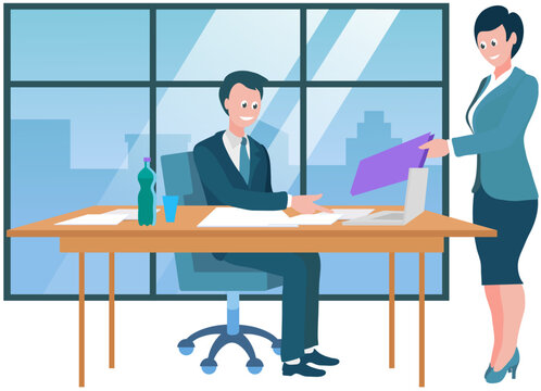Secretary giving documents to boss, business concept. Young happy woman office clerk manager cartoon character gives contracts or reports to businessman company leader chief at meeting, paperwork