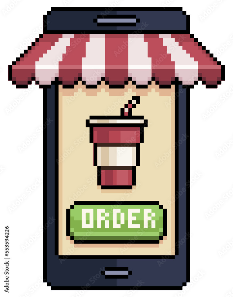 Poster pixel art mobile phone ordering soda in food app vector icon for 8bit game on white background