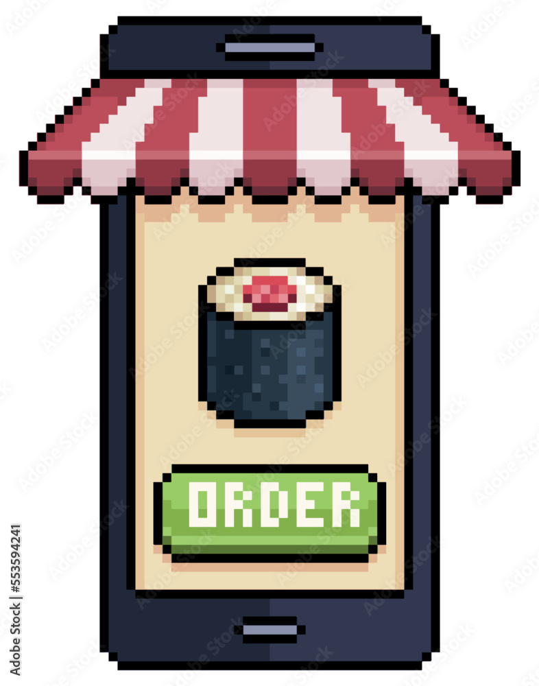 Poster pixel art mobile phone ordering sushi in food app vector icon for 8bit game on white background