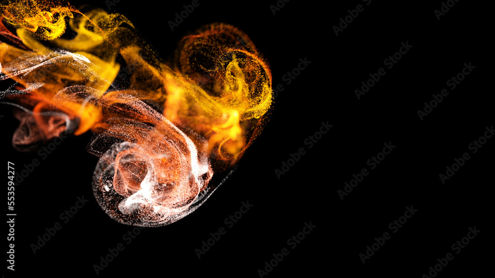 Aufkleber injection of fiery fluorescent ink in water isolated on black background. 3d render of glow particle
