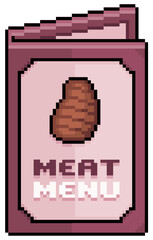 Pixel art meat menu, paper menu vector icon for 8bit game on white background
