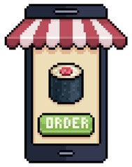 Pixel art mobile phone ordering sushi in food app vector icon for 8bit game on white background
