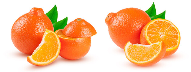 two orange tangerine or Mineola with slices and leaf isolated on white background