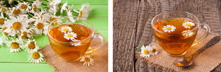 Herbal tea with fresh chamomile flowers on green wooden background