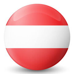 Glass light ball with flag of Austria. Round sphere, template icon. Austrian national symbol. Glossy realistic ball, 3D abstract vector illustration highlighted on a white background. Big bubble.