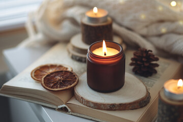 Cozy autumn or winter composition with aromatic candle, wool sweater, fairy lights, book. Aromatherapy, home atmosphere of cosiness and relax. Wooden background close up.