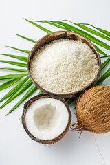fresh natural coconut and shavings dried flakes on white acrylic background