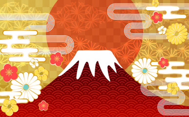 赤富士山と和柄イラスト