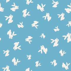 Seamless pattern with white silhouette Easter rabbits on BLUE background. Design for card, postcard, wallpaper, fabric, textile. Vector stock illustration. Cartoon style
