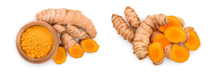 Turmeric powder and turmeric root isolated on white background. Top view. Flat lay