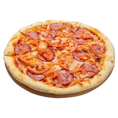 Italian pepperoni pizza, with salami and tomatoes, on a white background, isolate