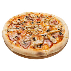 Italian pizza with prosciutto and mushrooms, on a round board, on a white background, isolate
