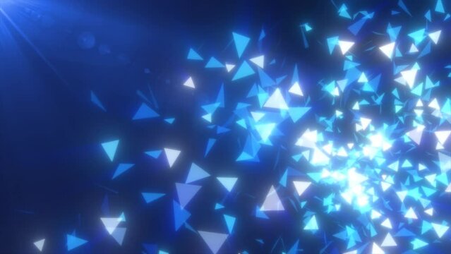 Abstract flying small blue luminous fragments bright glass triangles particles shiny energetic magical on a dark background. Abstract background. Video in high quality 4k, motion design
