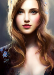 Portrait of a beautiful woman, Digital painting of a beautiful girl. Digital illustration of a female face.Generative AI