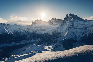 Idyllic alpine mountain landscape with glacier in bright sunlight (Generative AI)