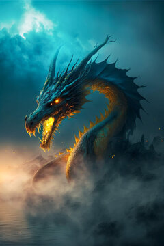Illustration of dragon in the colourful glow, mist and fire. Ai generated content