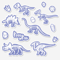 Vector sticker set with dinosaur skeleton isolated on a white background.