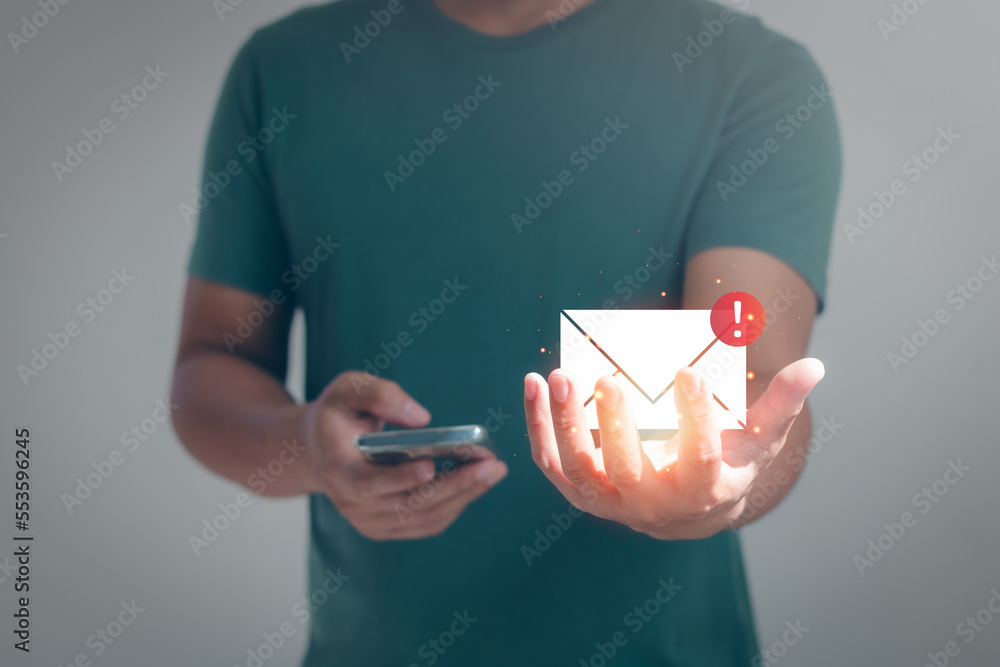 Poster communication business technology. businessman holding smart phone and showing with virtual white ne