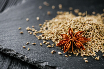 aromatic dry anise seeds on a dark black stone background