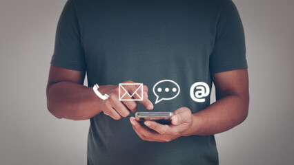 Technical Support Center Customer Service Internet Business Technology Concept. Customer support hotline Contact us people connection. Person using Smart Phone with email, call, address, message icons