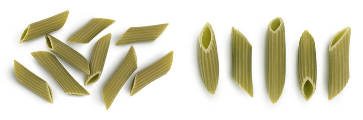 Green pea penne pasta isolated on white background. Organic food speciality. Gluten free. Top view. Flat lay