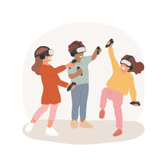 Augmented reality interactive game isolated cartoon vector illustration. Group of children playing vr interacted game together, mental development, leisure activity for kids vector cartoon.