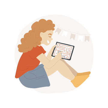 Educational tablet app isolated cartoon vector illustration. Young girl holds tablet and uses educational app, brain games, people mental development, leisure activity vector cartoon.