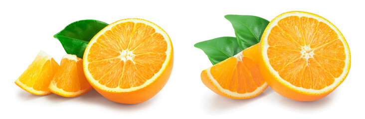 orange fruit half with leaves isolated on white background