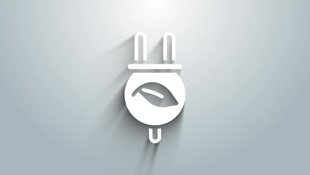 White Electric saving plug in leaf icon isolated on grey background. Save energy electricity. Environmental protection. Bio energy. 4K Video motion graphic animation