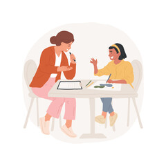 Child psychologist isolated cartoon vector illustration. Child talking to a psychologist, communication mood, socio-emotional development, people lifestyle, problem solving vector cartoon.