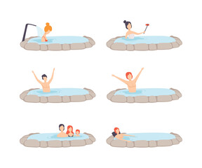 People Characters Enjoying Outdoor Thermal Spring Relaxing in Hot Water Vector Set
