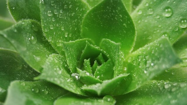 Sempervivum Succulent Rotating Video. Houseleeks Background. Top View Close up Shot of Houseplant with Water Dew. Fibonacci Golden Ratio Concept
