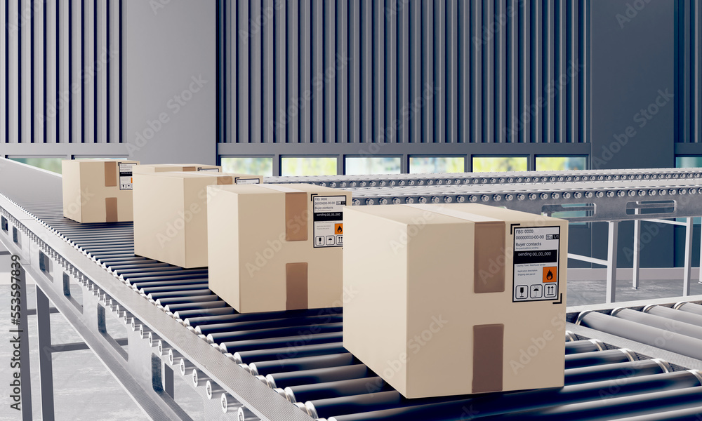 Poster production line. boxes with flammable symbol. cardboard boxes go on conveyor. automated production l