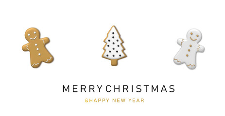 Background Xmas design of sweet edible objects, gingerbread men and gingerbread christmas tree. Christmas banner. Horizontal new year poster, greeting card, headers for website