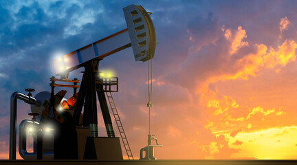 Oil producing rig near sunset. Oil company. Extraction of natural resources. Oil rig on background of evening sky. Extraction hydrocarbons for subsequent import. World energy market concept. 3d image