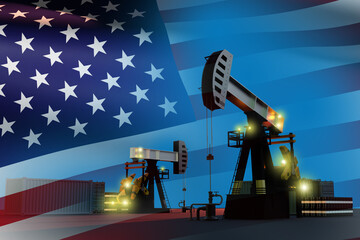 Oil field with USA flag. Extraction of hydrocarbons in regions of America. Oil rigs pump energy resources. Production of petroleum brand Brent concept. USA oil and gas sector. 3d rendering.