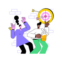 Playing darts isolated cartoon vector illustrations. Group of cheerful friends having fun in pub, people play darts and drink craft beer, eating out in bar, precise shot vector cartoon.