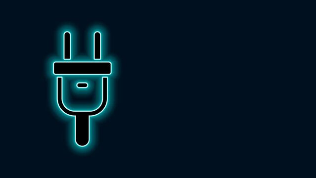 Glowing neon line Electric plug icon isolated on black background. Concept of connection and disconnection of the electricity. 4K Video motion graphic animation