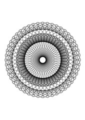 kreisförmige rosette mit abstaktem radial symmetrischem muster aus einer vielzahl verschlungener feiner linien schwarz-weiß