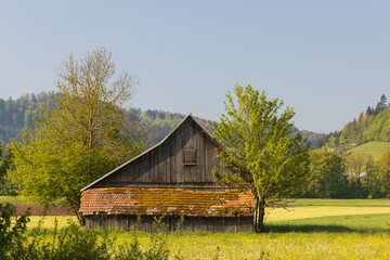 Obraz premium Old wooden barn in Germany at sunrise 