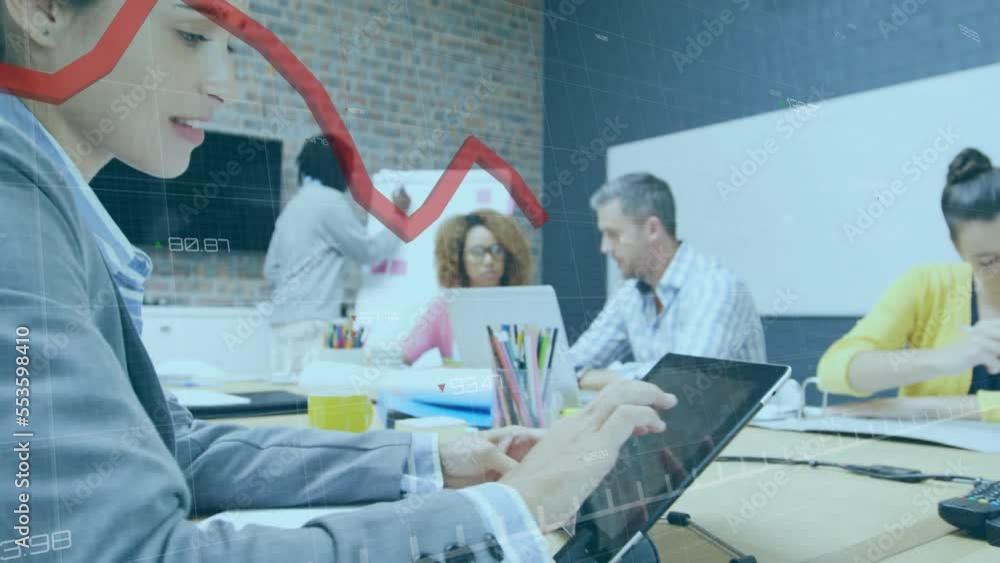 Poster animation of statistical data processing over caucasian businesswoman using digital tablet at office