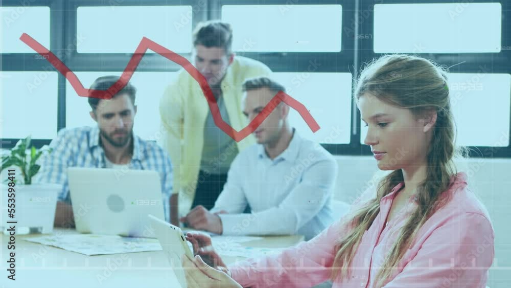 Poster Animation of statistical data processing over caucasian woman using digital tablet at office