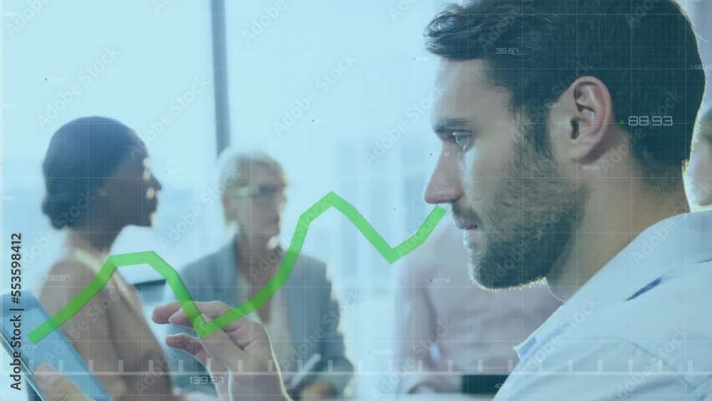 Poster Animation of statistical data processing over caucasian man using digital tablet at office