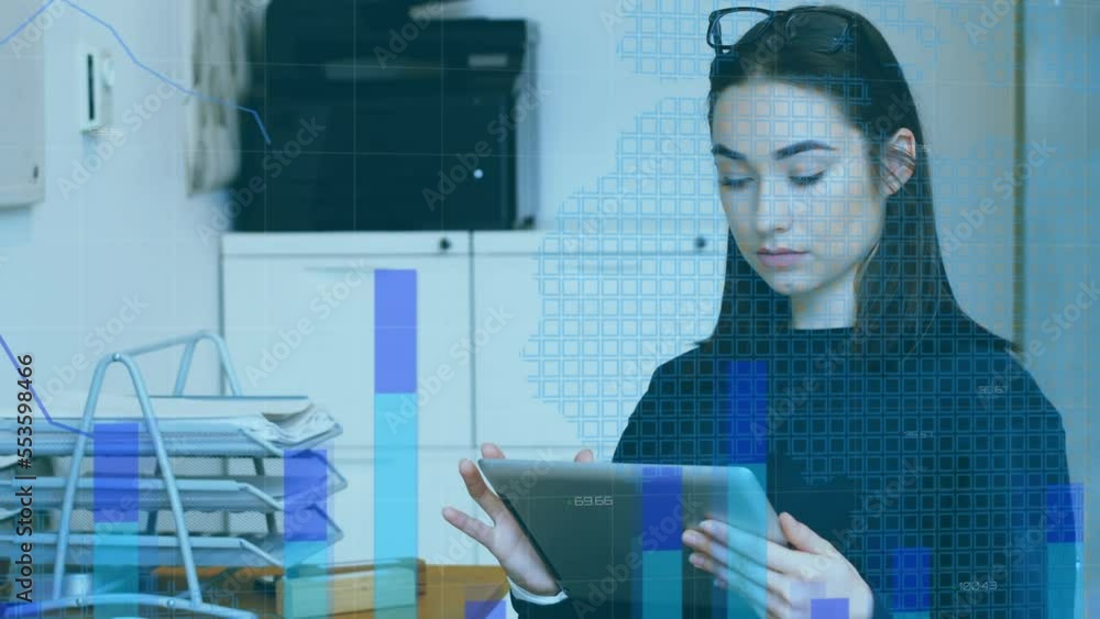 Aufkleber animation of statistical data processing over caucasian businesswoman using digital tablet at office