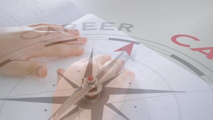 Animation of compass with text over caucasian child reading braille - Powered by Adobe