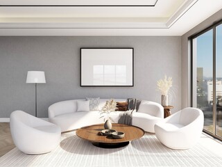 Naklejka na ściany i meble Living room with a horizontal frame mockup on a gray wall and interior decoration. 3d rendering, interior design, 3d illustration