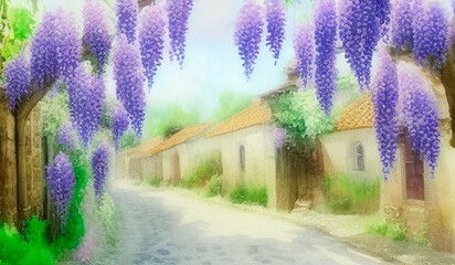 AI-Generated Image of A Watercolor Village with Blooming Wisteria Flowers