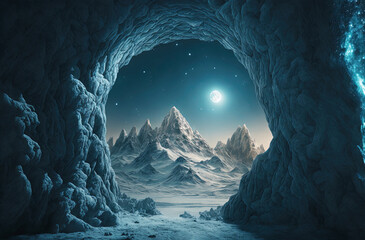 Cold blue mountain landscape and moon visible from rocky cave. Postproducted generative AI digital illustration.